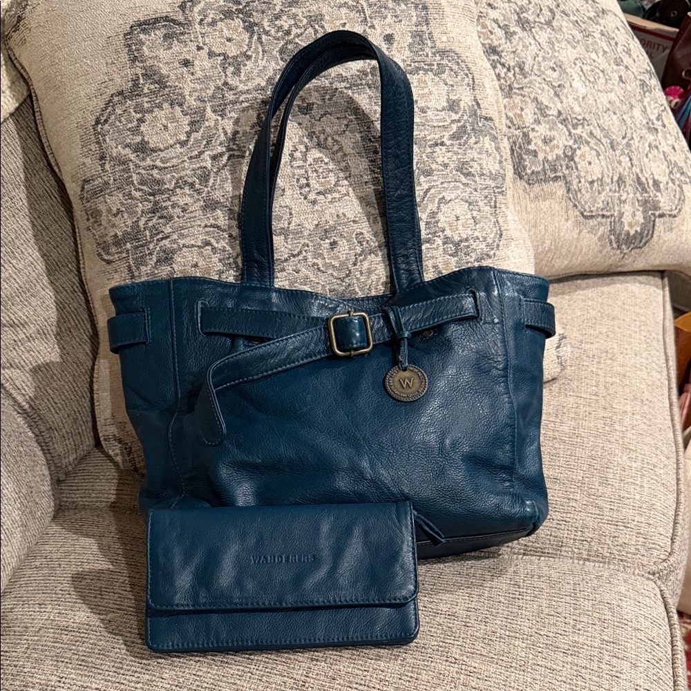 Wanderers Travel Co Madrid Handbag + La Fontelina Wallet Set Azzurra Blue EUC